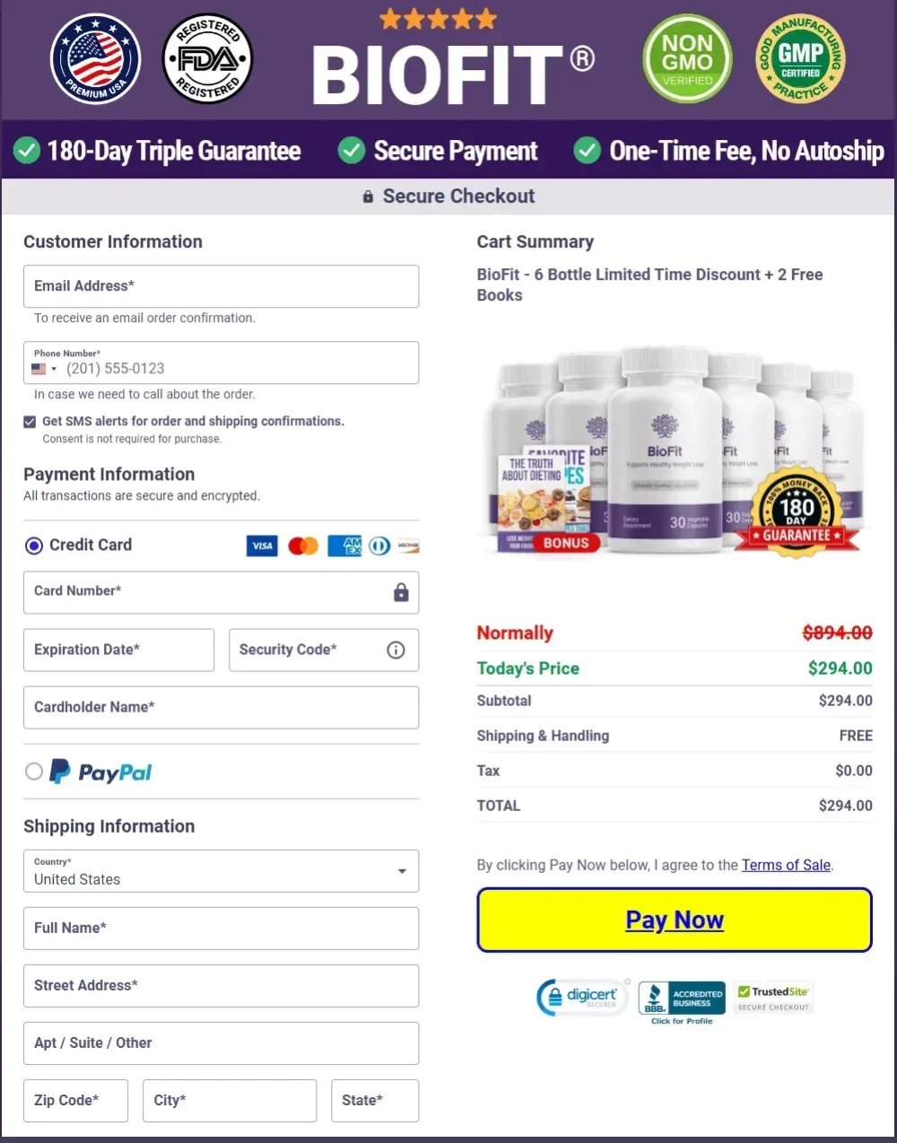 Secure checkout page for ordering BioFit safely